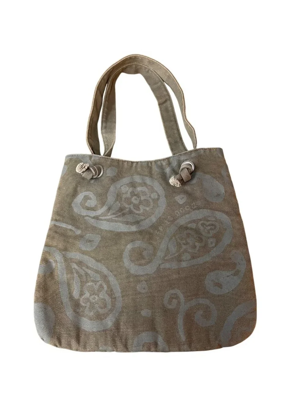 Life Is Good Canvas Fabric Magnetic Close Shoulder Tote Tan Green